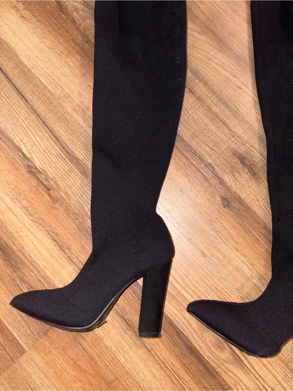 Thigh high stretchy Black boots block heel